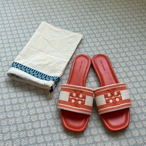 NWOT Tory Burch Double T Jacquard Slide - size 8, orange & white